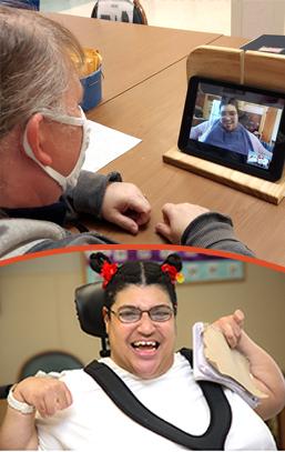 Graphic showing two photographs. two people are talking to each other through a tablet.