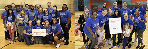 graphic of two photos side by side. Each photo shows a group of volleyball teams in blue shirts holding up easterseals signs