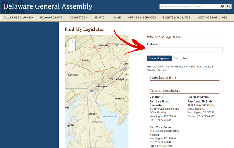 A graphic showing how to input your address in the Delaware legislator websit