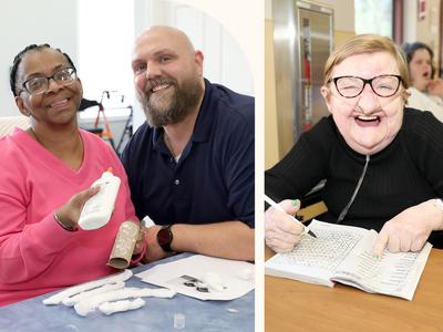 A graphic with two photos. One features a senior with her direct support professional and the other is a smiling woman with intellectual disability